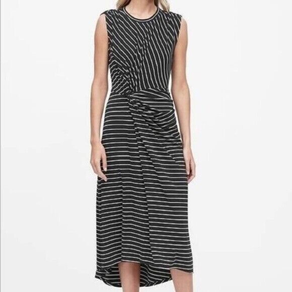 Banana Republic Stripe Twist FrontMidi Dress Size Medium Black & White - Picture 2 of 15